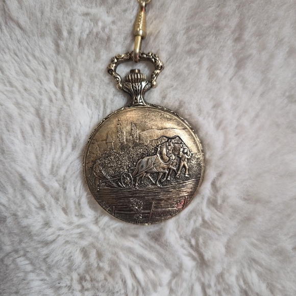Vintage Zomorrod Pocket Watch Pocketwatch Clip Gold Tone 17 Jewels Farming Scene